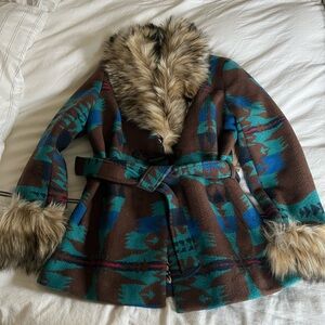 Brown and Teal Patterned Women's Coat with Faux Fur Trim
